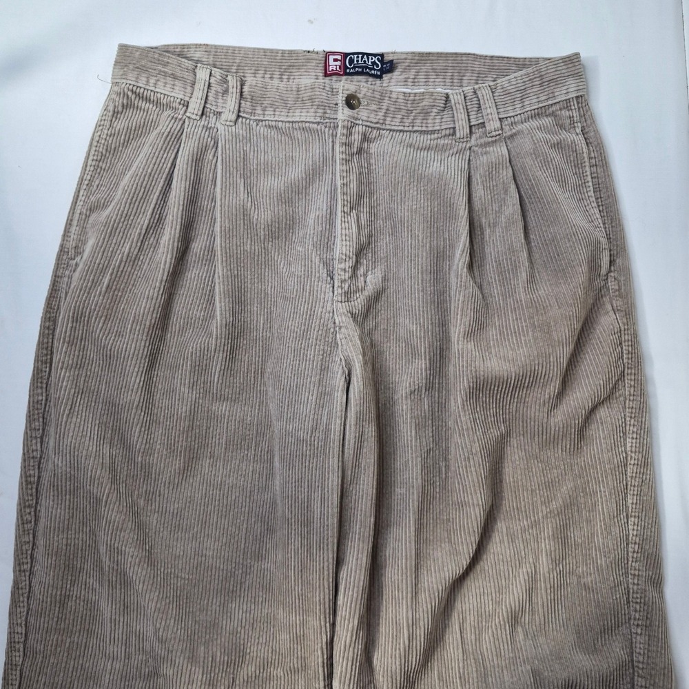 Chaps Ralph Lauren Pants Mens 38/32 (37/31) Tan Pleated Corduroy Trousers Cuffed - Picture 3 of 11